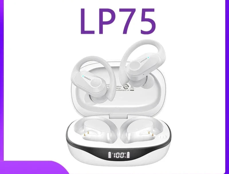 Lenovo LP75 TWS Bluetooth V5.3, Fones de Ouvido Sem Fios com LED, Redução de Ruído e À Prova d'Água