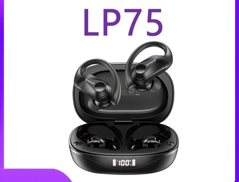 Lenovo LP75 TWS Bluetooth V5.3, Fones de Ouvido Sem Fios com LED, Redução de Ruído e À Prova d'Água